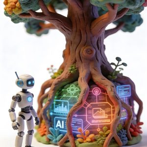 Baum mit Roboter, symbolisch die Grundlagen der KI in den Wurzeln